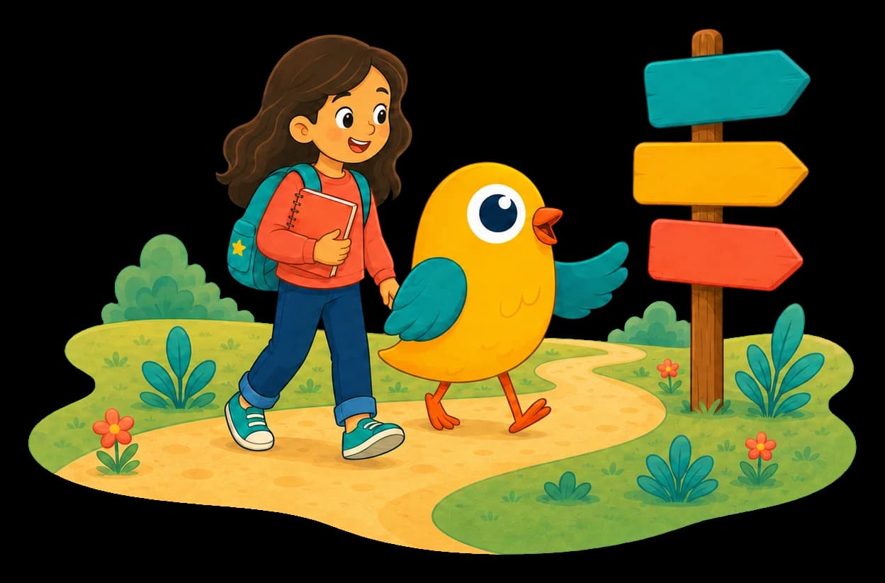 A child and Koko walking together along an Arabic learning path