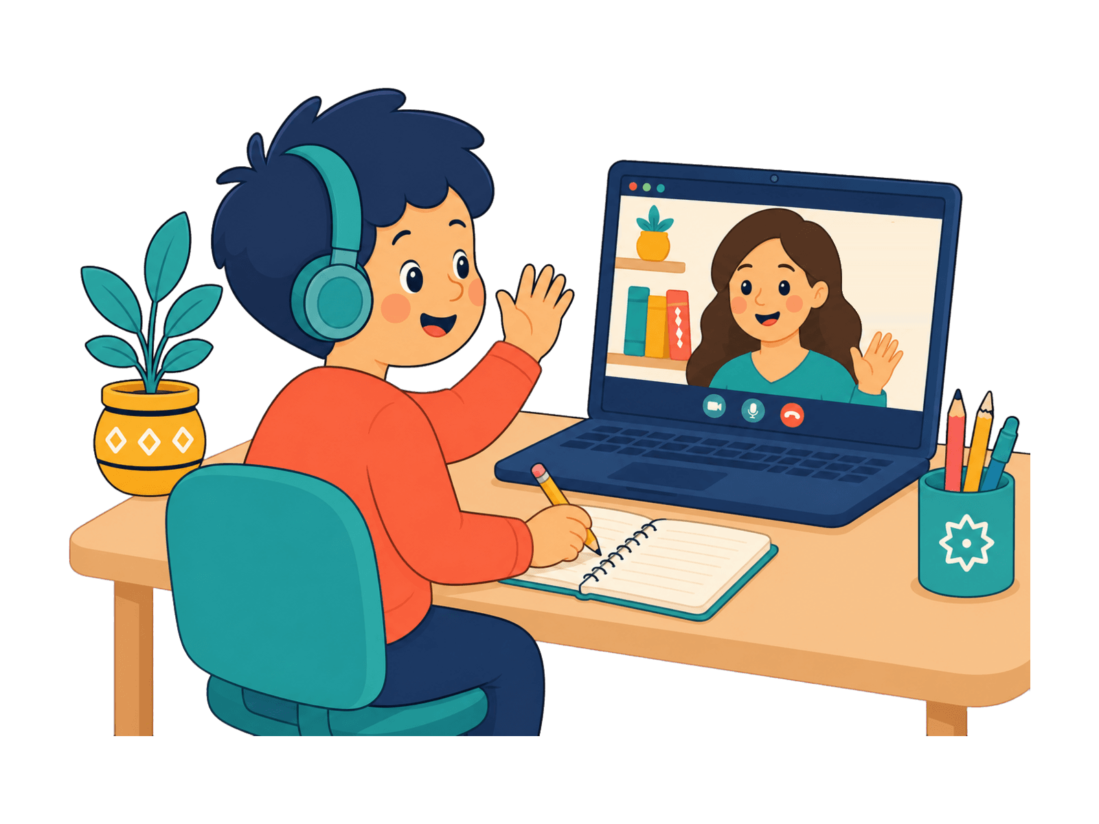 A child waving at their tutor during an online Arabic lesson