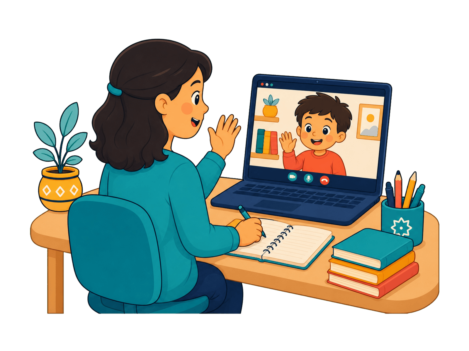 A Nanour tutor teaching an Arabic letter in a live online lesson, with the lesson plan open on the desk