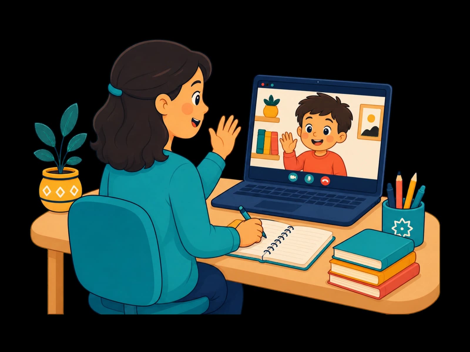 A Nanour tutor waving hello to a child on a video call during an online lesson, while taking notes in an open notebook on the desk