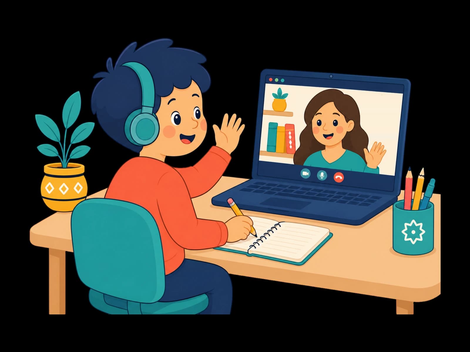 A child waving at their tutor during an online Arabic lesson