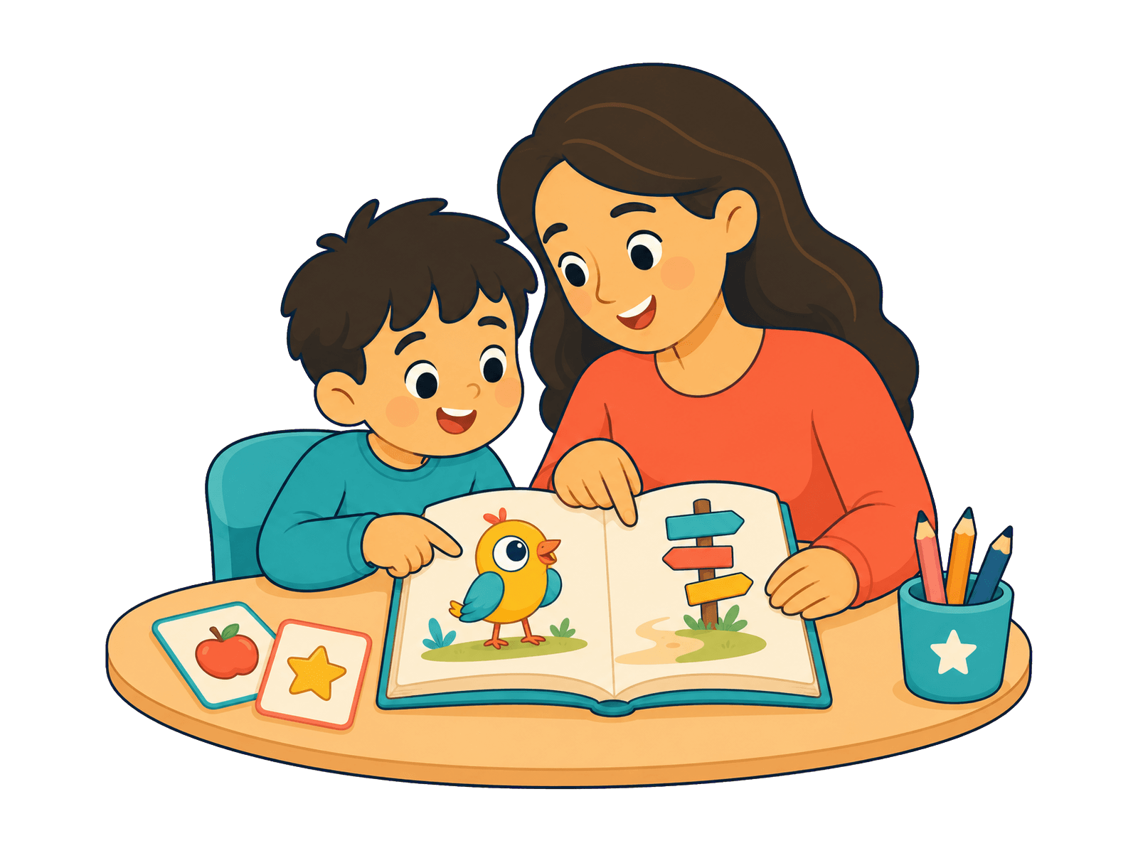 A parent and child reading Arabic letters together at home