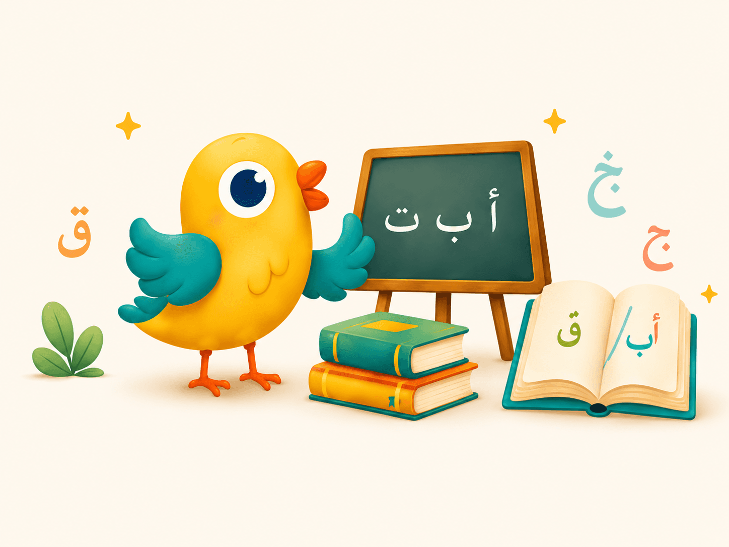 Koko, l'oiseau Nanour, à côté d'un tableau avec des lettres arabes, une pile de livres et un livre de lecture ouvert
